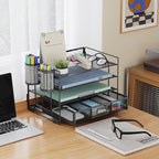 Marbrasse Desk Organizer and Accessories4-Tier Paper File Letter Tray Accessories & Workspace Desk Organizers with Drawer and 2 Pen Holders for School Home Office Supplies (Black)