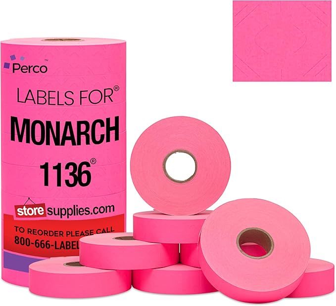 Perco Fluorescent Pink Pricing Labels for Monarch 1136 Price Gun - 8 Rolls, 14,000 Pricemarking Labels - with Bonus Ink Roll Included