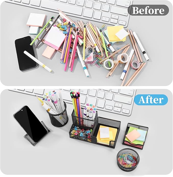 Mesh Pen Holder for Desk Pencil Holders 5 Pieces Desk Organizer Office Supplies Caddy with Sticky Notes Holder for Office School Home Black