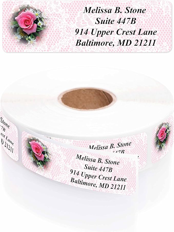 Romantic Rose Designer Rolled Address Labels with Elegant Plastic Dispenser