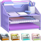 Samstar Purple Desk File Organizer, Mesh Letter File Folder Holder with 3 Paper Trays and 2 Vertical Upright Section, for Office Supplies, Desk Accessories & Workspace, Purple