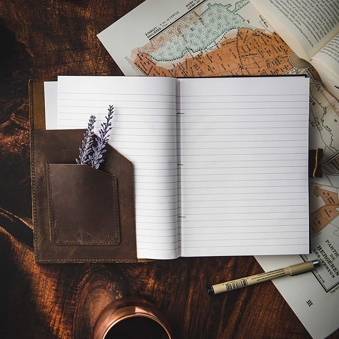 Refillable Leather Journal | Premium Lined A5 Notebook Cover | 200 Ruled Writing Pages | Card Holder Slot | Leather Bound Journals for Men & Women, Best Gift Travel Diary, Cool Planner