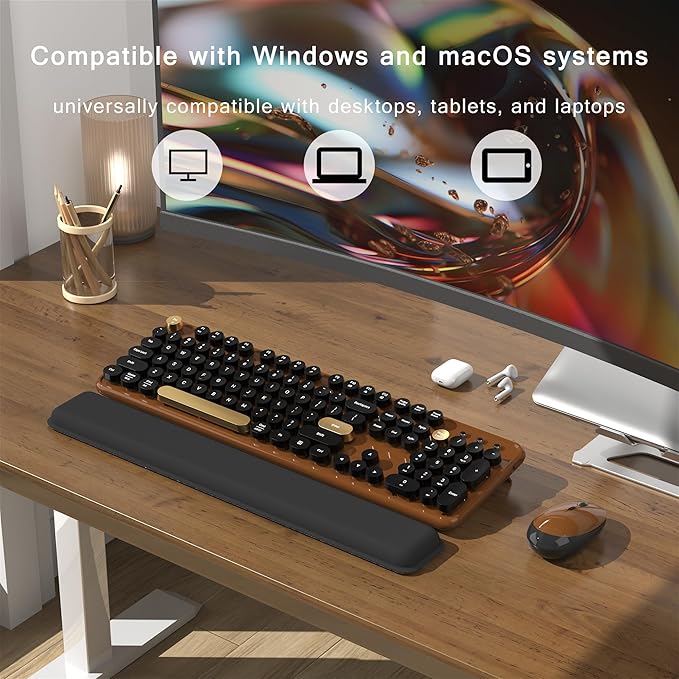 Colorful Wireless Computer Keyboard and Mouse Combo with Round Typewriter Keycaps, Retro Design, Power Switch, Ergonomic Design, 2.4GHz Wireless for Windows, Mac, PC(Black-Brown)