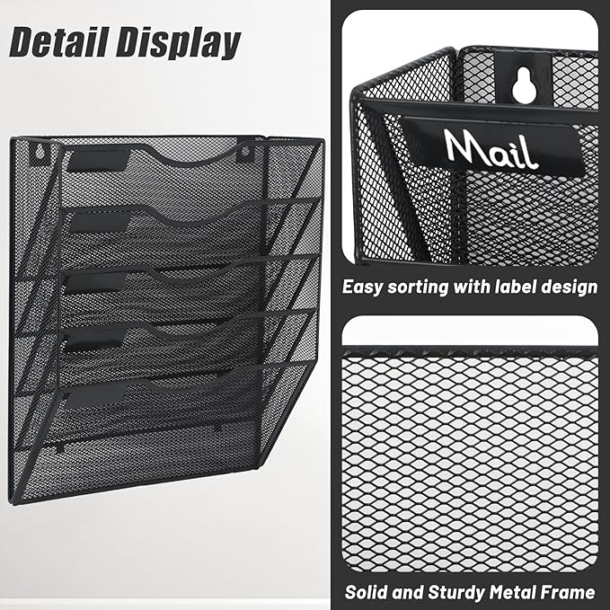 EASEPRES 5 Pocket Mesh Hanging Wall File Organizer, Wall Mounted Mail Paper Document Folder Holder, Clipboard Storage Organization Magazine Rack with Nametag Label for Office Home School, Black
