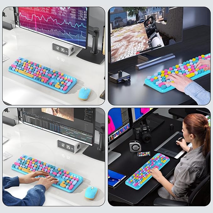 Wireless Keyboard and Mouse Combo, 2.4 GHz Wireless Full-Sized Typewriter Gaming Keyboard with Round Keycaps for Windows, Computer, Desktop, PC, Laptop (Blue)