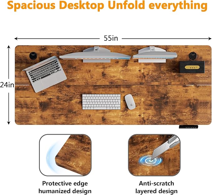 Himimi Electric Standing Desk 55 x 24 inch for Home Office,Sit-Stand Adjustable Desk with Memory Presets,Height Adjustable Desk for Gaming/Working,Free Hook, Lockable Wheels,Mouse Pad,Brown