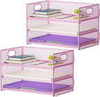 Marbrasse 3 Tier Paper Organizer Letter Tray, Mesh File Organizer with Handle, Paper Sorter Desk Organizer for Home Office Supplies - 2p Pink