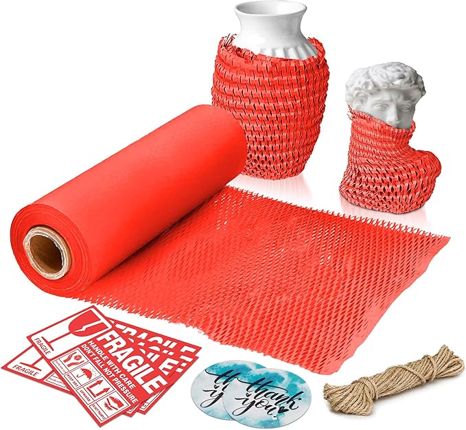Red Honeycomb Packing Paper for Moving Breakables, 15 Inch x 100 Feet. Fragile Shipping Supplies. Perforated Packing Materials for Fragile Items. Moving Paper Wrap. Eco Friendly Packaging