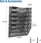 Wall File Organizer, 6 Tier Hanging File Folder Mail Organizer, Vertical Mesh Metal Wall Mount Hanging File Holder, Paper Document Magazine Rack for Home Office Black