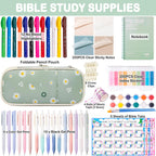Bible Study Supplies for Women & Journaling Kit - Pencil Case, 12 Colored Highlighters No Bleed, 75 Index Bible Tabs, A5 Notebook, 16 Gel Pens & 4 Transparent Notes - Christian Gifts, Green Daisies