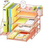 Marbrasse Desk Organizer with File Holder, 5-Tier Desk Organizers and Accessories with Drawer and 2 Pen Holder, Mesh Paper Letter Tray, Desktop Organizer and Storage for Office Supplies (Rose Gold)