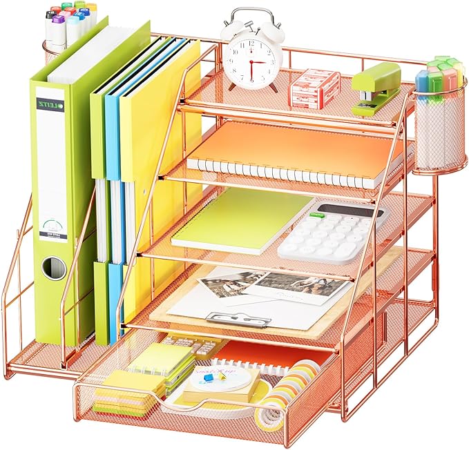 Marbrasse Desk Organizer with File Holder, 5-Tier Desk Organizers and Accessories with Drawer and 2 Pen Holder, Mesh Paper Letter Tray, Desktop Organizer and Storage for Office Supplies (Rose Gold)