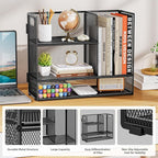 Marbrasse 2-Tier Desk Shelf Organizer with Handle, Desktop Bookshelf File Holder, Mesh Display Shelf Organizer Storage Rack for Office, Home, Supplies, Kitchen (Black)