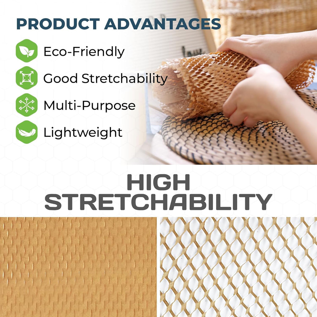 HexcelWrap Honeycomb Packing Paper - Eco-Friendly, Sustainable Paper Bubble Wrap for Shipping and Moving, Cushioned Packing Material. No Tape Needed - Natural, 12" x 1400'