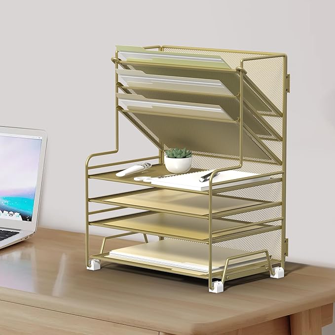 4-Tier Paper Organizer + 3-Pocket File Holder + Drawer + Pen Holders, Desktop File Organizers Paper Tray for Office Supplies School Classroom Organization (Gold, no Drawer & Pen Holder)