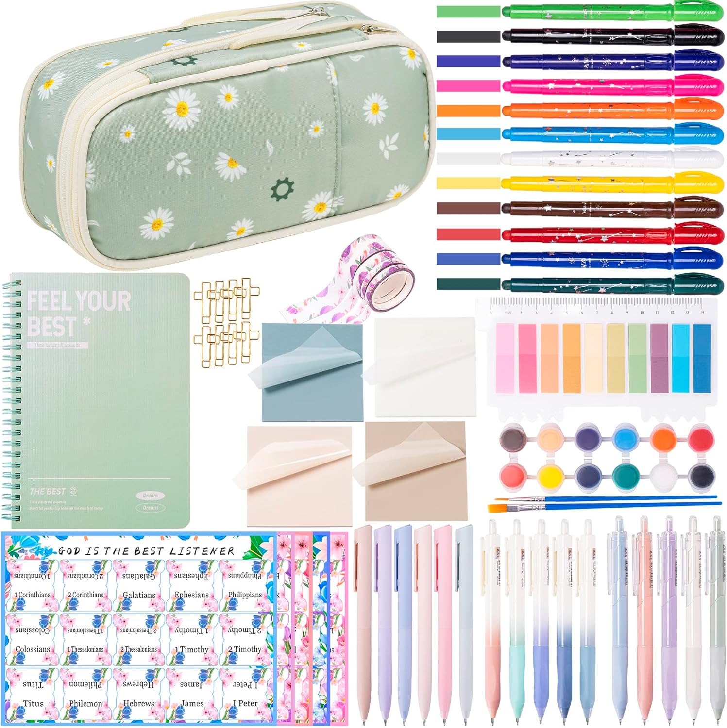 Bible Study Supplies for Women & Journaling Kit - Pencil Case, 12 Colored Highlighters No Bleed, 75 Index Bible Tabs, A5 Notebook, 16 Gel Pens & 4 Transparent Notes - Christian Gifts, Green Daisies