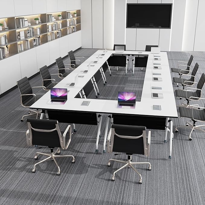 Conference Table, Folding Conference Room Tables, Mobile Training Tables with Silent Wheels, Large Rectangular Modular Seminar Table Office Computer Desks for Classroom White (2Pack L70.9in)