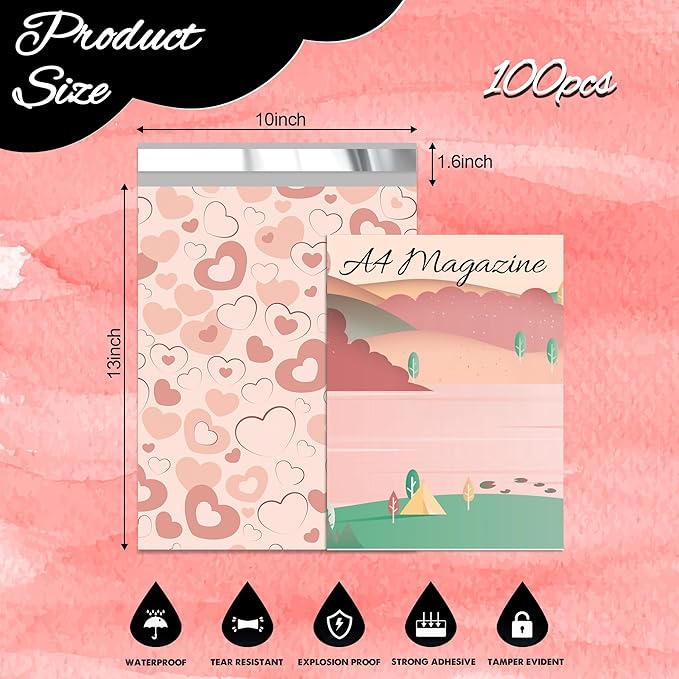 Pink Heart Poly Mailer 10x13 Inch 100 Pcs, Waterproof Shipping Bags for Clothing, Tear-Resistant Mailier Bags, Strong Mailing Bags with Self-Seal
