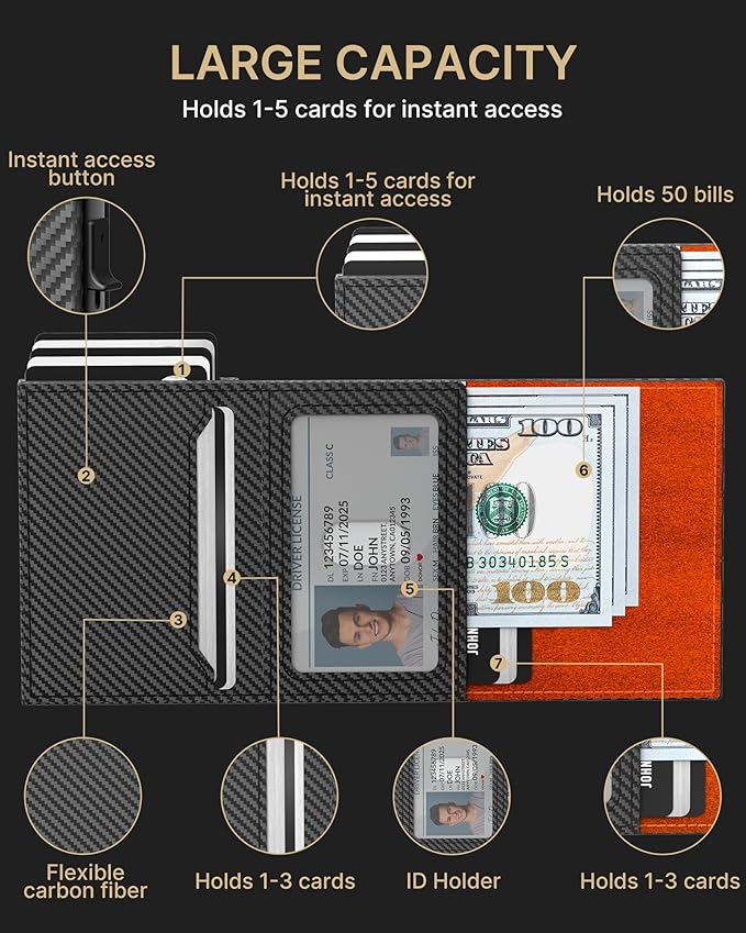 typecase Mens Wallet Card Holder: Pop Up Aluminum Case, Carbon Fiber Leather, Smart, RFID Blocking, Slim, Minimalist, Front Pocket - 9-14 Card Capacity | ID Window | Cash Slot (Orange)