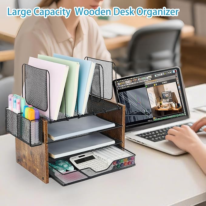 Wood Desk Organizers and Accessories, 4-Tier Workspace Desktop Paper Organizer with Drawer, 5 Vertical File Holders and Pen Holder for Office Supplies