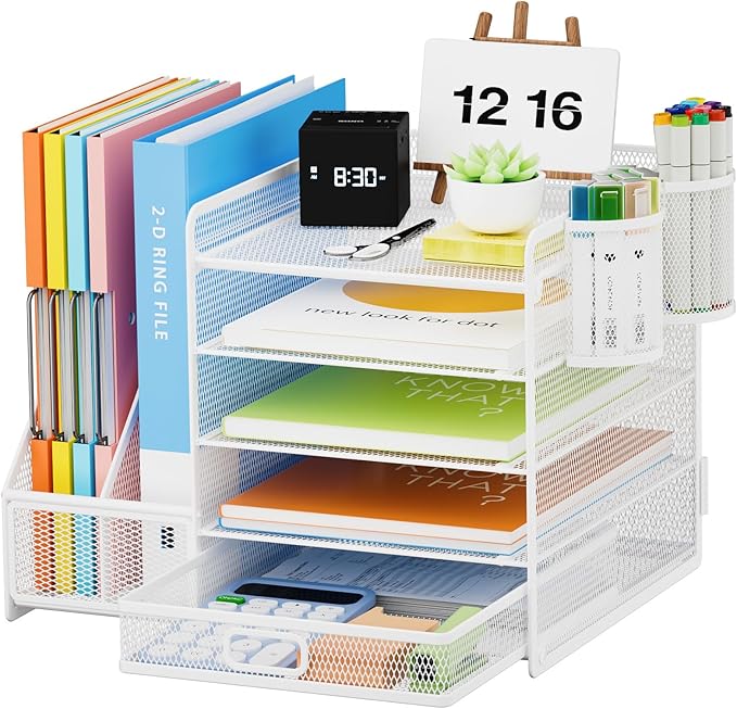 Lavatino Desk Organizer with File Holder, 5-Tier Paper Letter Tray Organizer with Sliding Drawer and 2 Pen Holder, Mesh Desktop File Organizer for Office Supplies, White