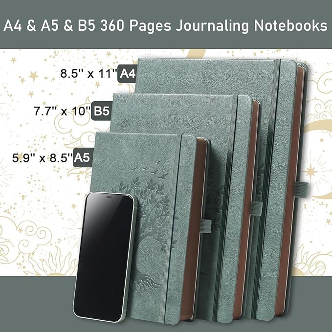 ZXHQ A4 360 Pages Lined Journaling Notebooks with Pen, Journals for Women Men Writing Notebook, Brown Edge, Hardcover, A4 Size 8.5'' x11'' Grey
