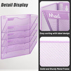 EASEPRES 5 Pocket Mesh Hanging Wall File Organizer, Wall Mounted Mail Paper Document Folder Holder, Clipboard Storage Organization Magazine Rack with Nametag Label for Office Home School, Light Purple