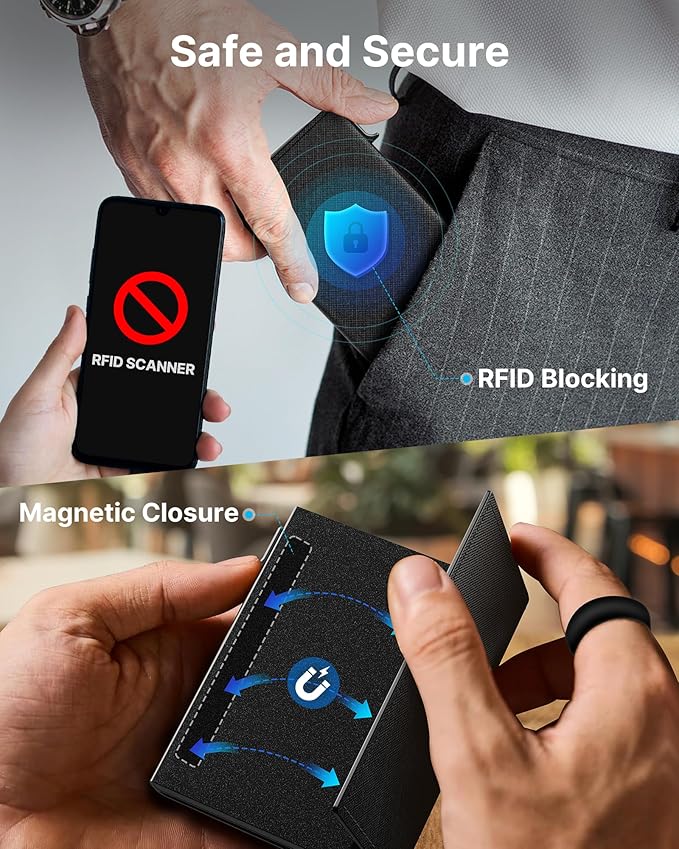 typecase Mens Wallet Card Holder: Pop Up Aluminum Case, Genuine Leather, Smart, RFID Blocking, Slim, Minimalist, Front Pocket - 9-14 Card Capacity | ID Window | Cash Slot (Cross Black)