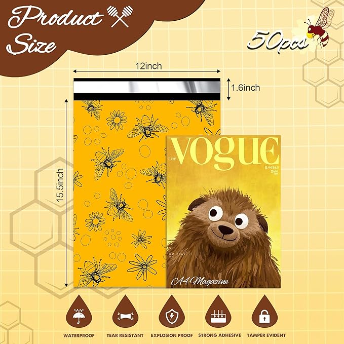 Bees Poly Mailer 12x15.5 Inch 50 Pcs, Waterproof Shipping Bags for Clothing, Tear-Resistant Mailier Bags, Strong Mailing Bags with Self-Seal