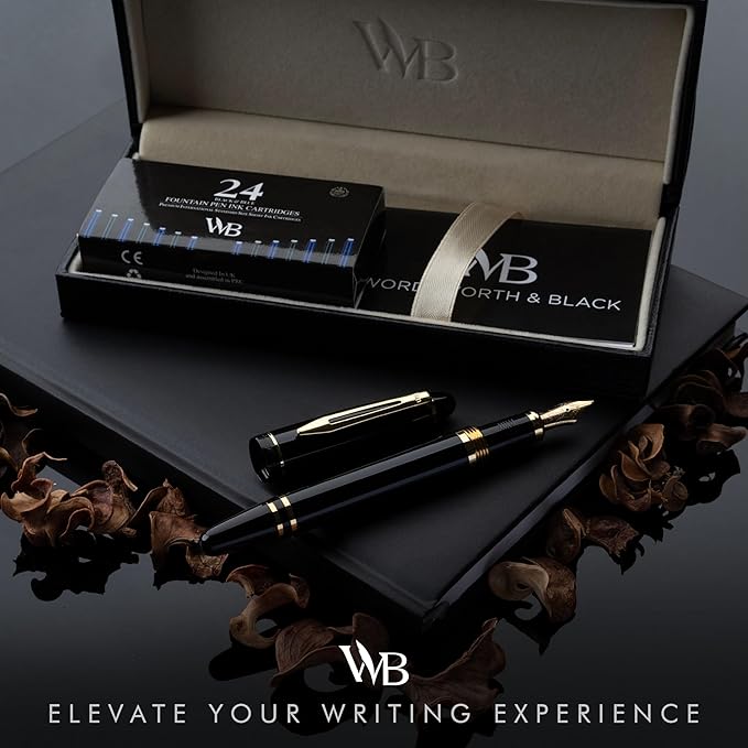 Wordsworth & Black Majesti Fountain Pen-(Black), Luxury Case, 24K Gold Finish; 18K Gilded Fine Nib-Ink Cartridges, Refillable Ink Converter-Calligraphy Pen-Best Business Gift Set for Men & Women