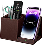 Desk Supplies Organizer, Multi-Functional Pencil Pen Holder with Wireless Charger, Desktop Stationery Organizer, Home Office Supply Storage Box Caddy (Brown)