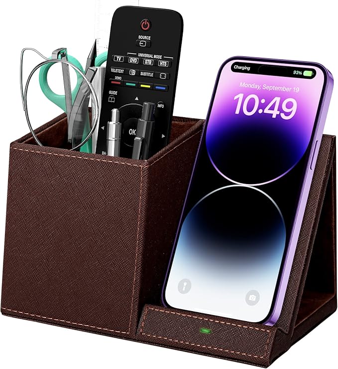 Desk Supplies Organizer, Multi-Functional Pencil Pen Holder with Wireless Charger, Desktop Stationery Organizer, Home Office Supply Storage Box Caddy (Brown)