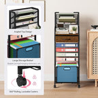 SWTYMIKI 10-Tier Rolling File Cart - Mesh Paper Organizer with Drawer and Hanging File Folders on Lockable Wheels, Wood Teacher Cart for Office Organization, Storage in Home, Studio, School, Espresso