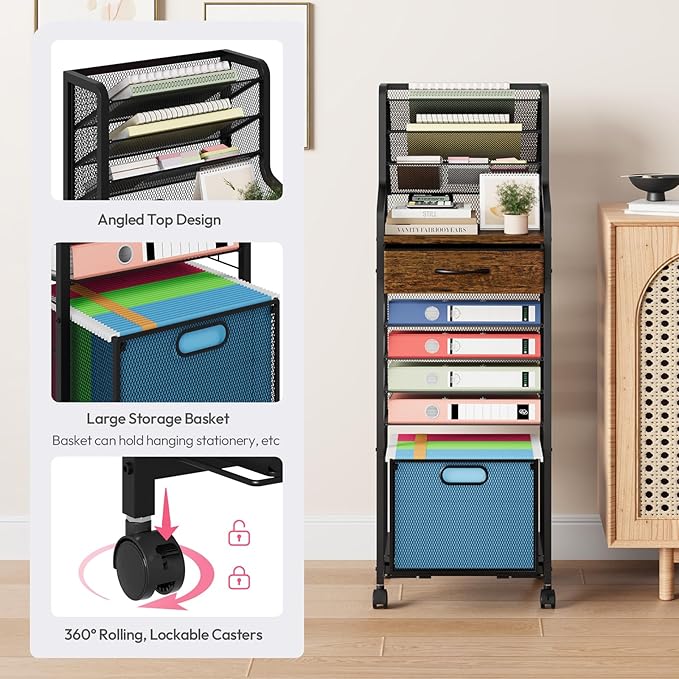 SWTYMIKI 10-Tier Rolling File Cart - Mesh Paper Organizer with Drawer and Hanging File Folders on Lockable Wheels, Wood Teacher Cart for Office Organization, Storage in Home, Studio, School, Espresso