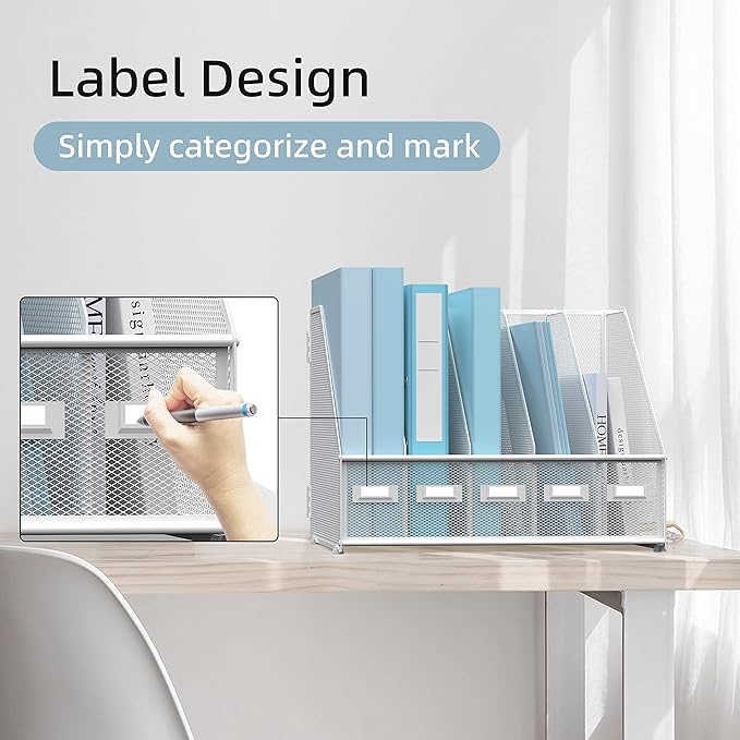 SUPEASY Desk Organizers Metal Desk Magazine File Holder with 5 Vertical Compartments Rack File Organizer for Office Desktop, Home Workspace, White