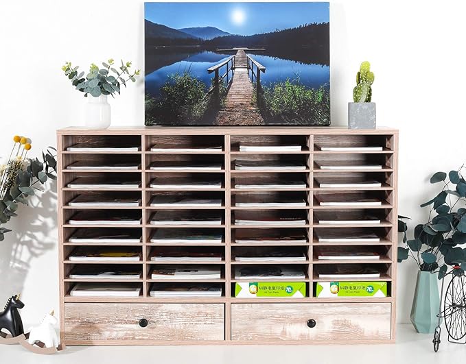 PAG Mail Sorter Organizer, Wood Literature Organizer, Student Mailbox for Classroom, Desktop Bill Paper Organizer for Office Home School, 38 Compartments, Retro White