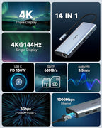 Triple Monitor Docking Station, 14-in-1 USB C Hub with DP 8K@30Hz/4K@144Hz, Dual HDMI 4K@60Hz, 100W PD, 7 USB Ports, SD/TF Card Reader, Gigabit Ethernet for MacBook & Windows Laptop