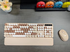 Wireless Keyboard and Mouse Combo, Round Keycaps, Full-Size Retro Typewriter Keyboard with Detachable Wrist Rest, Sleep Mode & Tilt Legs, 2.4GHz Cordless Connection for Mac/Windows/PC (Latte)