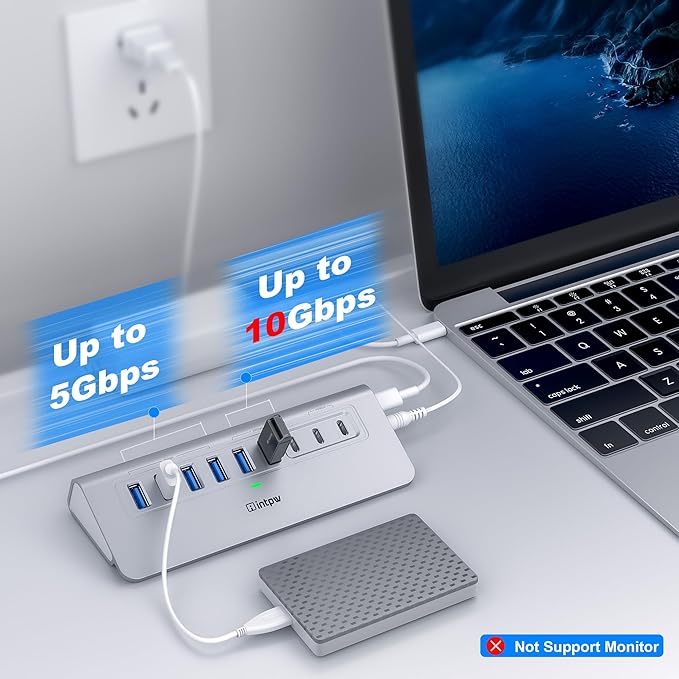 Powered USB Hub 10Gbps, intpw 9-Port USB 3.2 Hub, USB C Hub with USB A/USB C 3.2, 4 USB 3.0, 2 PD 45W Charging Ports, 65W Power Adapter and 3.3FT Cable, Aluminum USB Hub for Laptop, iPhone 16/15, PC