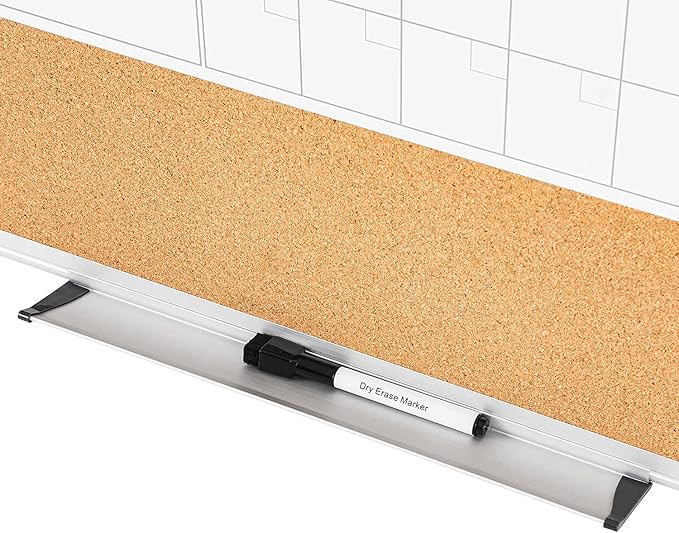 VUSIGN Monthly Calendar Whiteboard Dry Erase Cork Board Combo, 18" x 24" Planning Board, Silver Aluminium Frame