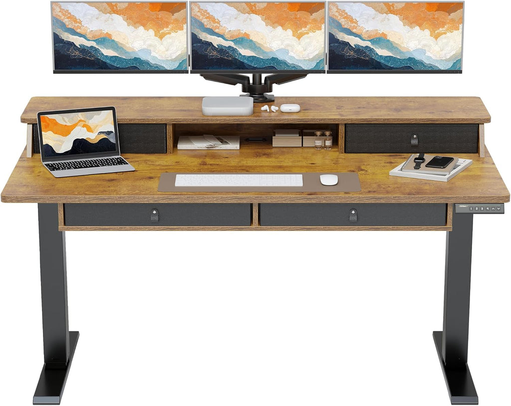 ErGear Electric Standing Desk with 4 Drawers, 63" x 30" Height Adjustable Desk with Storage, C-Clamp Mount Compatible, Computer Home Office Table with Cable Management Tray, Vintage Brown