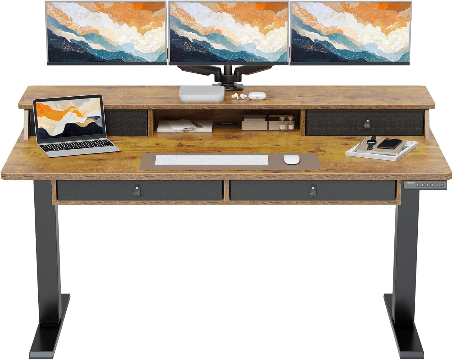 ErGear Electric Standing Desk with 4 Drawers, 63" x 30" Height Adjustable Desk with Storage, C-Clamp Mount Compatible, Computer Home Office Table with Cable Management Tray, Vintage Brown