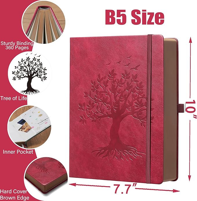 Thick Lined Journal Notebook with Pen, 360 Pages 100gsm Paper, Brown Sprayed Edge, Journal for Writing B5 Ruled Notebook ,Leather Hardcover,Perfect for Work, Office or School, 7.8'' x 10'' Wine Red