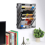 EasyPAG 6 Tier Wall File Holder with Flat Tray, Black | Easy Assemble Mesh Desk File Organizer | 5-Folder Paper Storage | Replaceable Classify Labels | Space Saving Mail Organizer for Office Home
