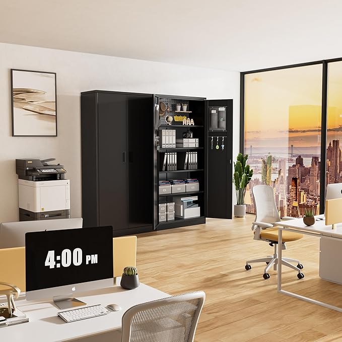 Greenvelly Storage Cabinet with Pegboard,72" Black Garage Steel Locking Cabinet with Doors and 4 Adjustable Shelves,Metal Garage Cabinet for Home Office,Pantry,School(36" Wx18 D)