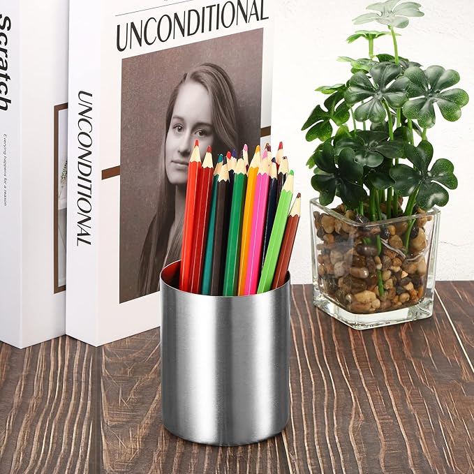 PATIKIL Pencil Holder, 3 Pack Pen Holder for Desk Stainless Steel Pencil Holders Cup Organizer Makeup Brush Holder for Desk Accessories, Silver