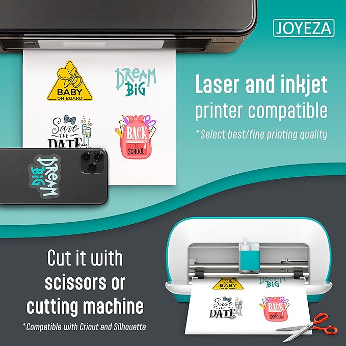 JOYEZA Premium Printable Vinyl Clear Sticker Paper for Inkjet Printer - 25 Sheets Translucent Waterproof, Dries Quickly Vivid Colors, Holds Ink Well - Inkjet & Laser Printer