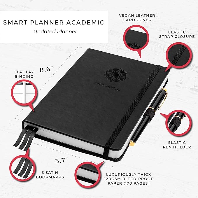 Academic Planner - Daily, Weekly, and Monthly Scheduling - 8.3 x 5.8 Inches - Undated Student Planner for Maximizing Focus and Productivity - 2020-2021 Reference Calendars (Black)