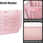 EASEPRES 5 Pocket Mesh Hanging Wall File Organizer, Wall Mounted Mail Paper Document Folder Holder, Clipboard Storage Organization Magazine Rack with Nametag Label for Office Home School, Pink