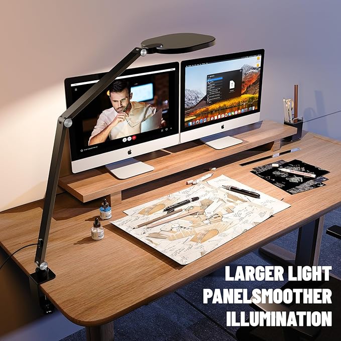 Led Desk Lamps for Home Office, Eye-Care Architect Light with Clamp, Dimmable Zoom Lighting with 3 Color Modes & 10 Brightness, Smart Computer Ring Light for Video Calls, Conference, Reading